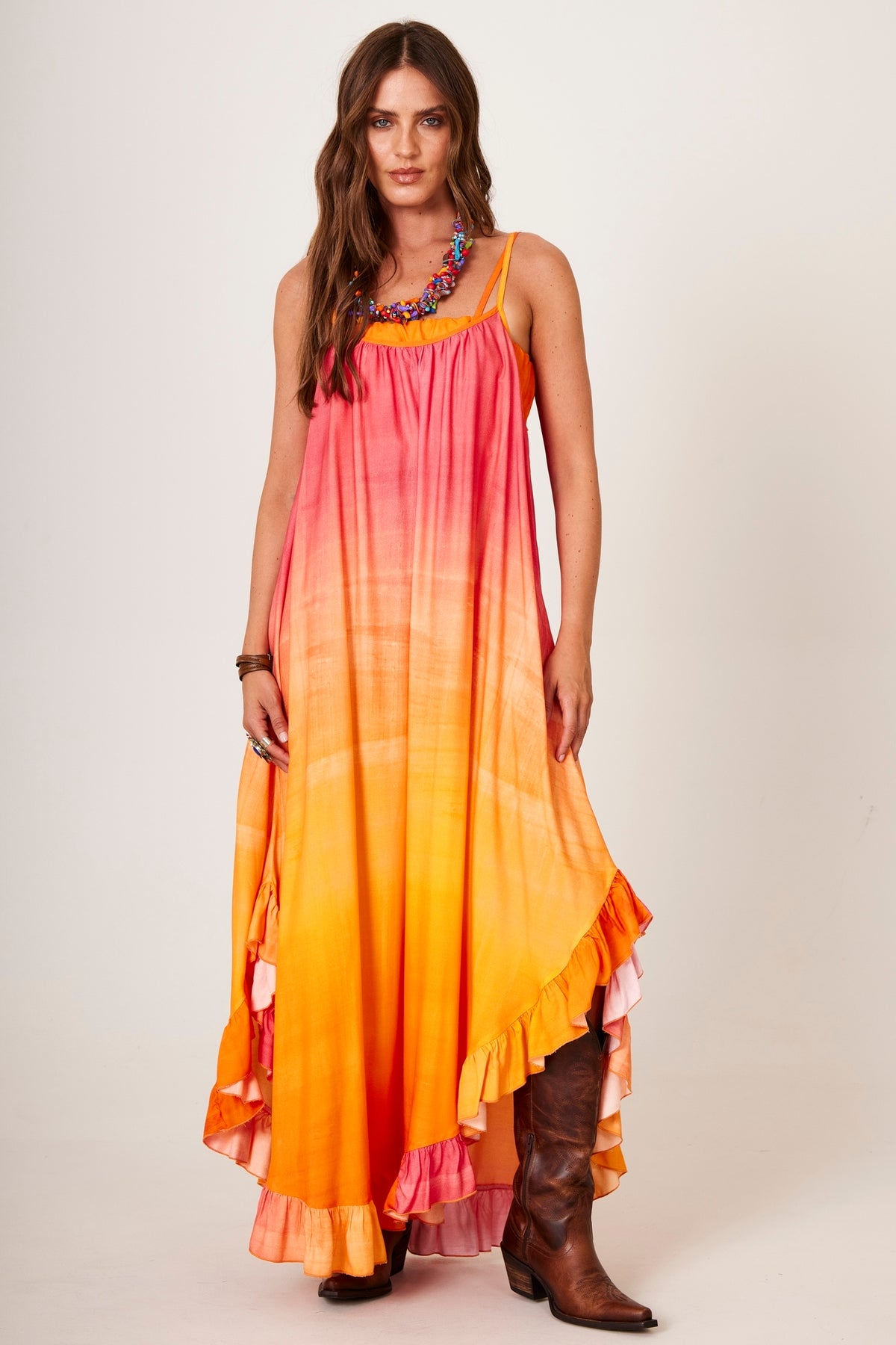 Yacamim D16 Pink and Orange Ombre Midi Slip Dress