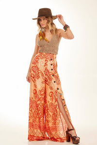 Yacamim A6 Orange Printed Wide-Leg Trousers with Slit on One Leg