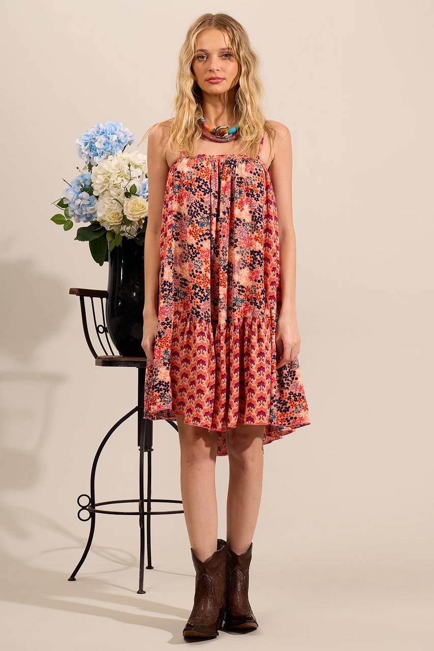 Yacamim D23 Salmon Patchwork Short Dress with Adjustable Straps