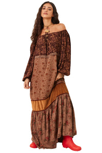 Vestido Longo Ciganinha Detalhe Em Suede Marrom Patchwork Yacamim E30