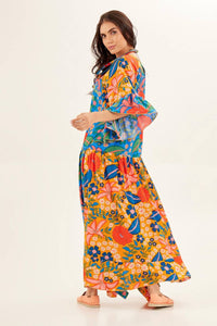 Yacamim Blue and Yellow Patchwork Round Neck Long Dress
