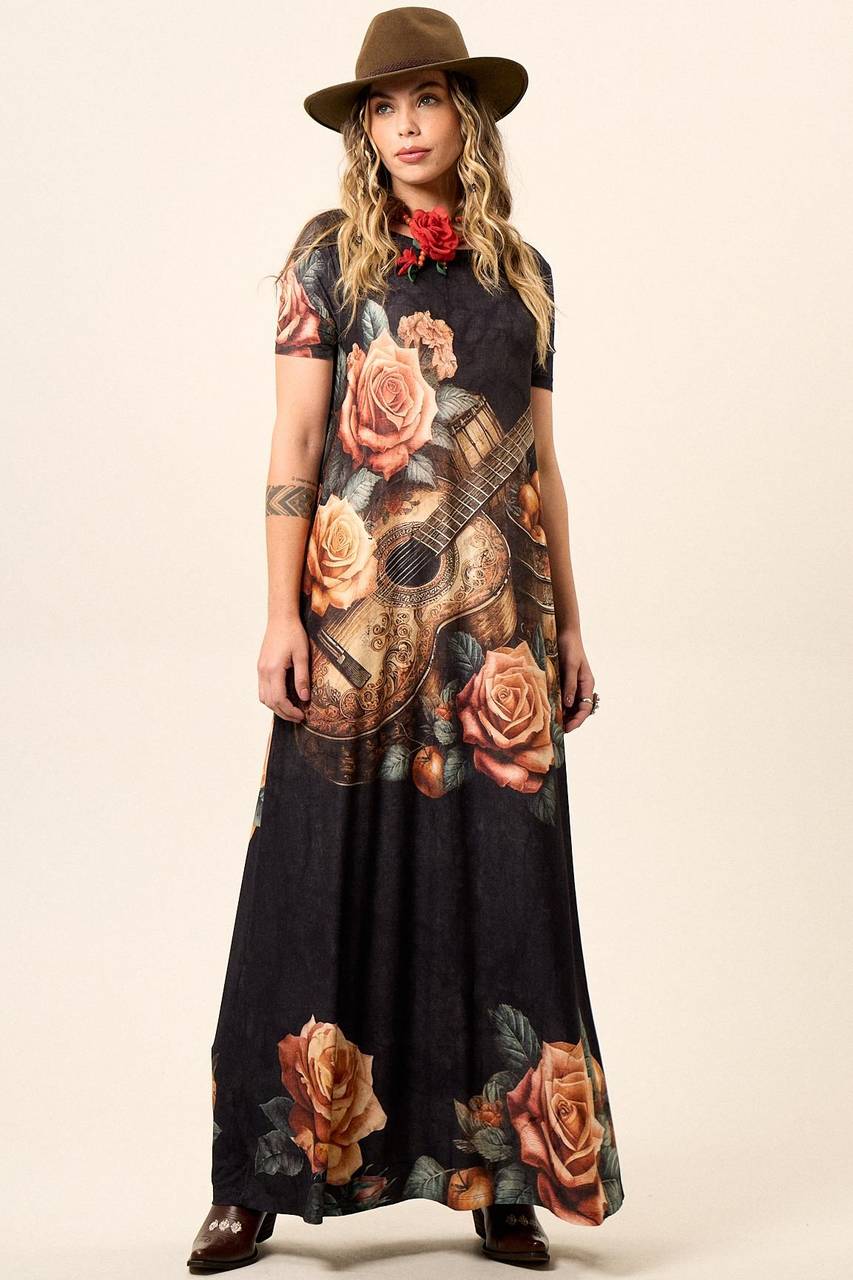 Yacamim Graphite Short Sleeve Long Dress with Guitar Print