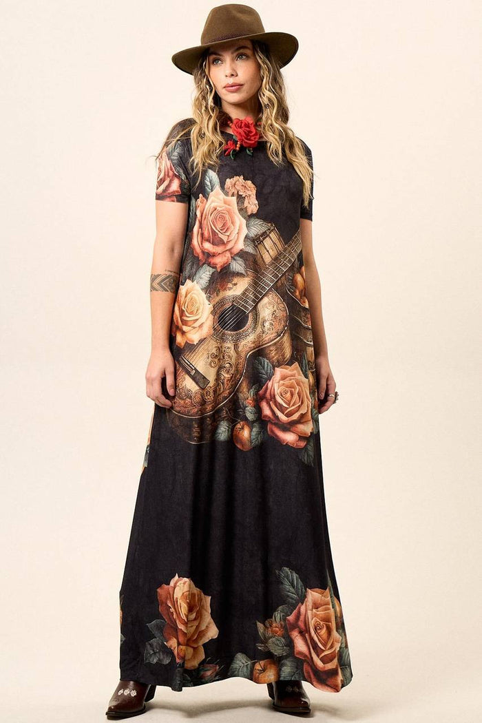 Yacamim Graphite Short Sleeve Long Dress with Guitar Print