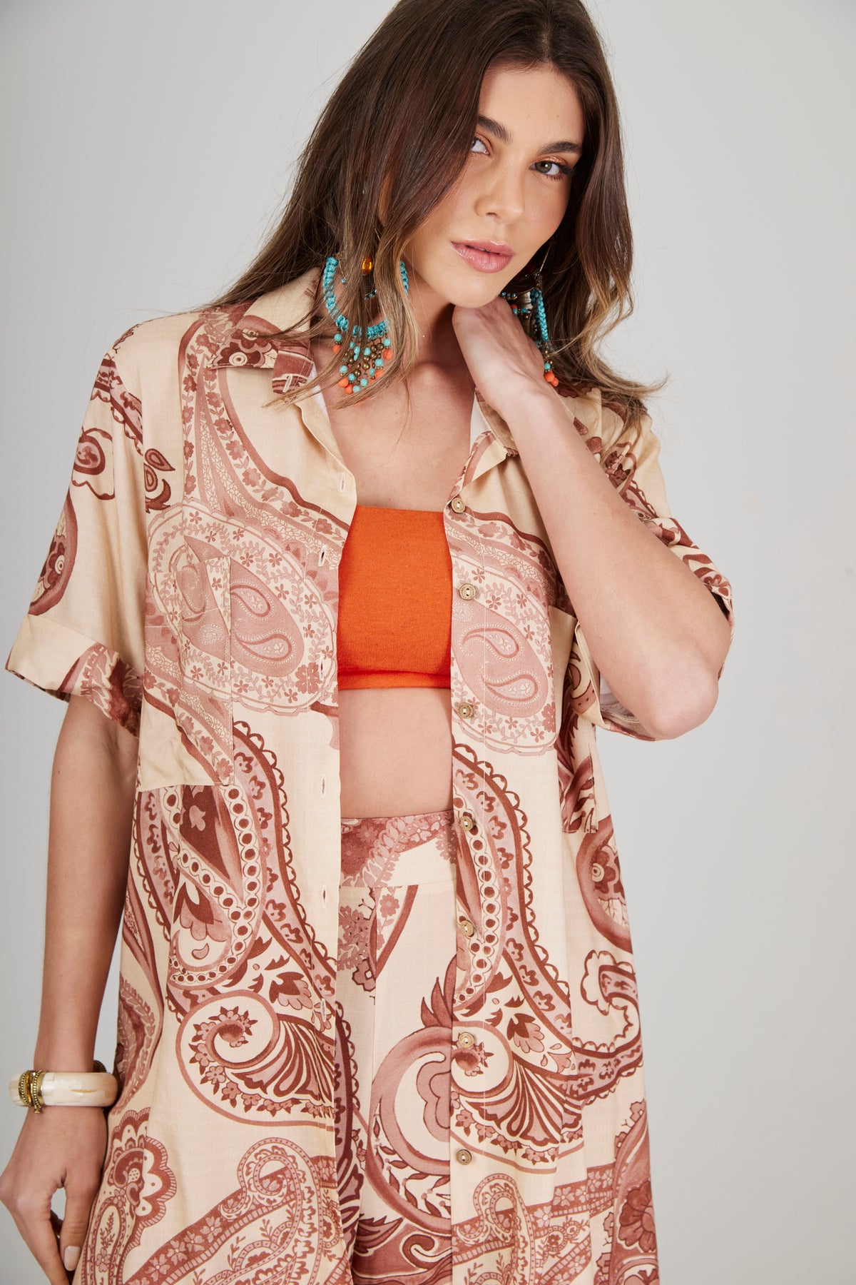 Yacamim A35 Beige Paisley Print Loose Shirt