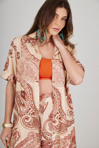 Yacamim A35 Beige Paisley Print Loose Shirt