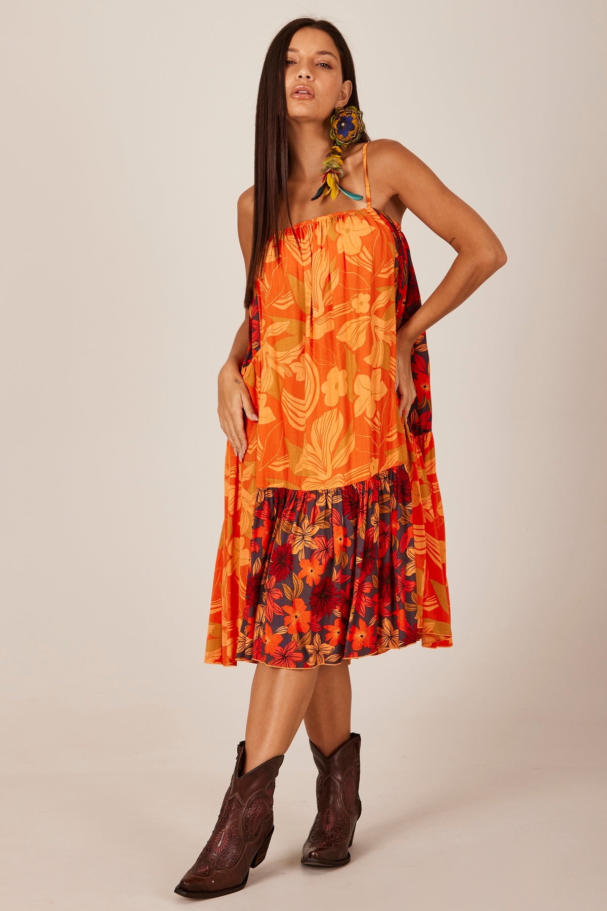 Yacamim C23 Patchwork Orange Short Dress with Cut-outs