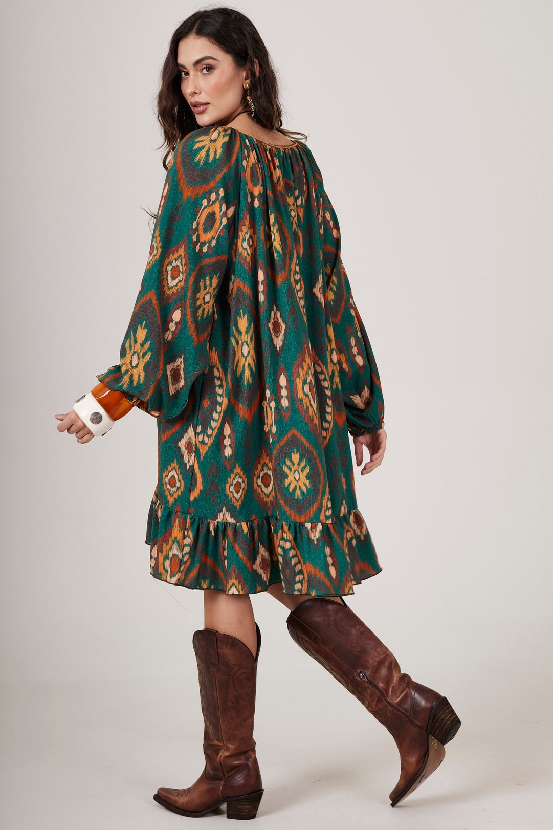 Dark Green Printed Short Dress Yacamim D14