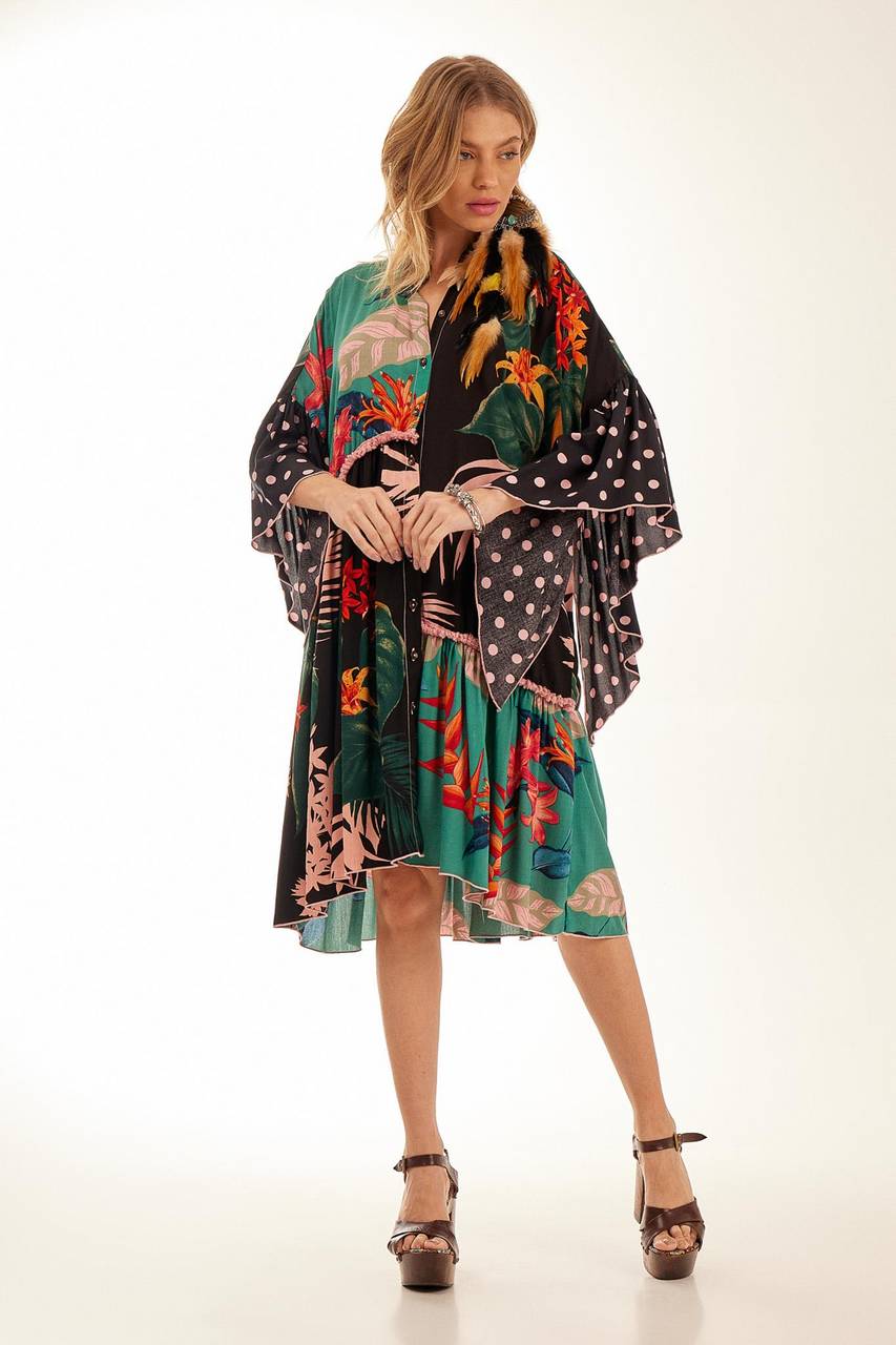 Yacamim Black Printed Patchwork Asymmetrical Ruffled Short Shirt Dress