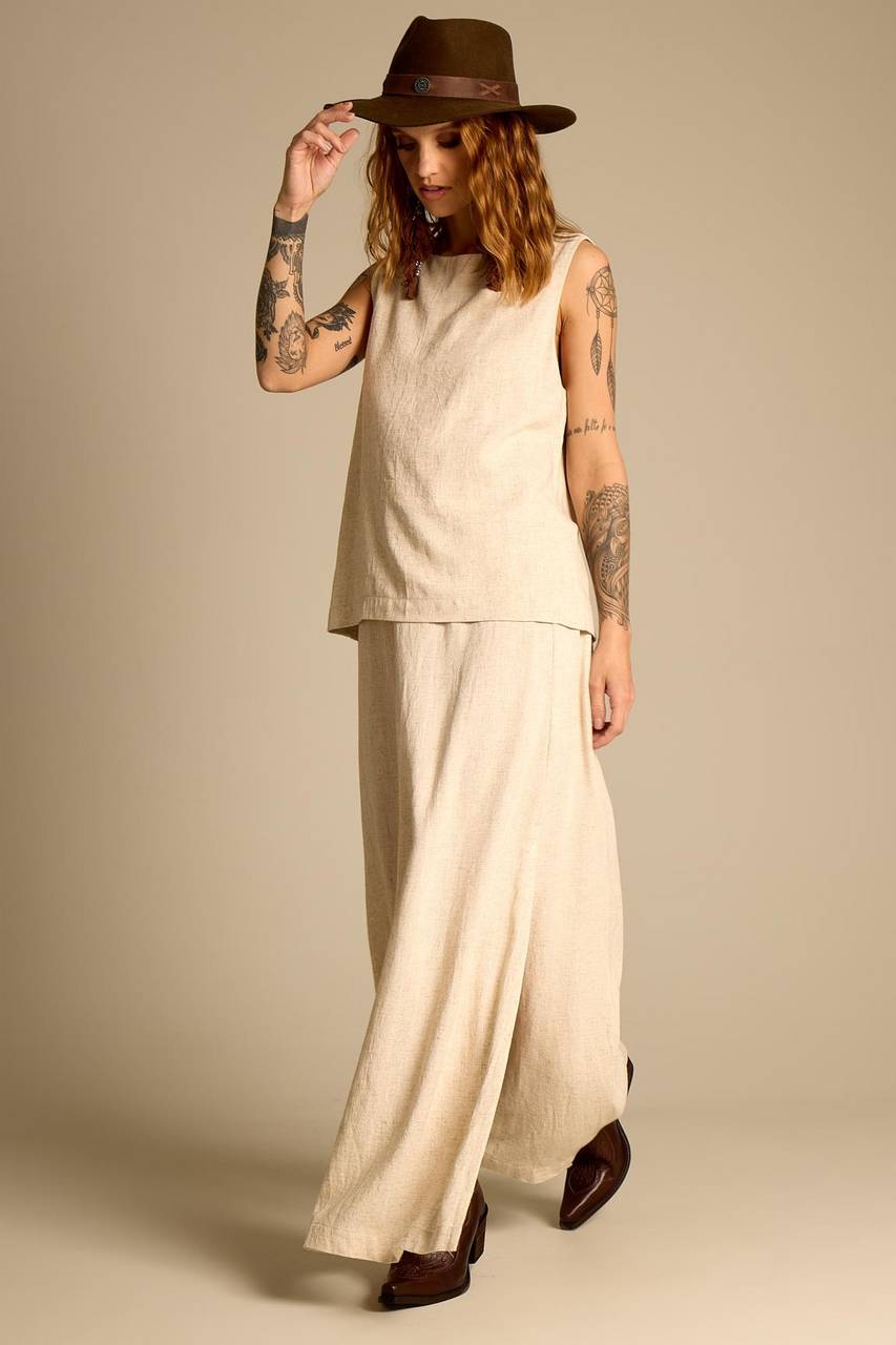 Yacamim A8 Beige A-line Long Skirt with Slits