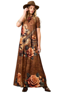 Brown Short-Sleeve Long Dress with Guitar Print Yacamim E11