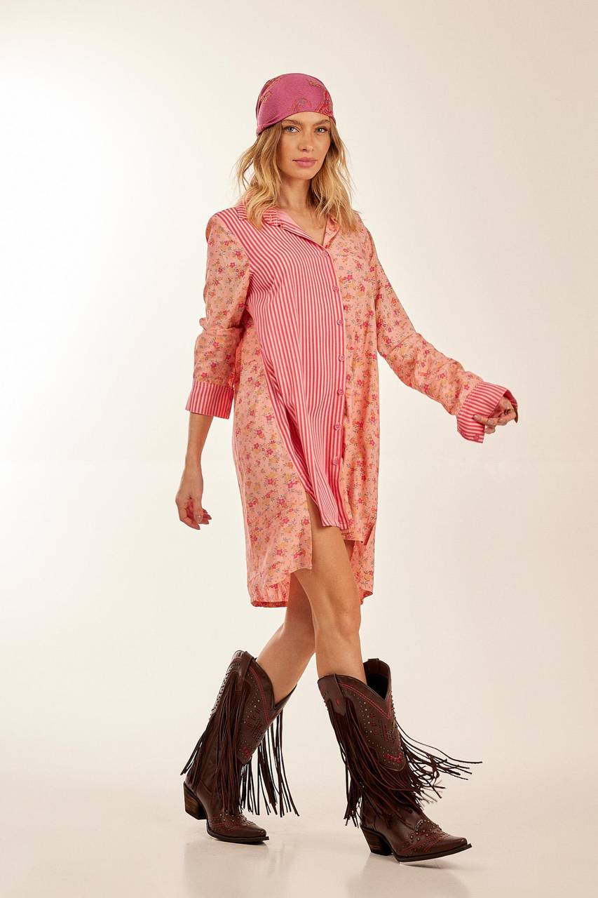 Yacamim Pink Striped Patchwork Loose Long Sleeve Shirt