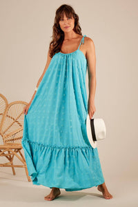 Textured Long Dress with Straps Tiffany Blue Yacamim