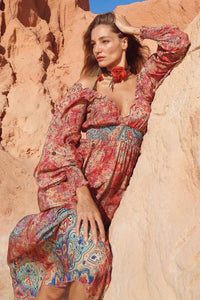 Long Dress V-Neck Off-Shoulder Pink Printed Patchwork Yacamim E11