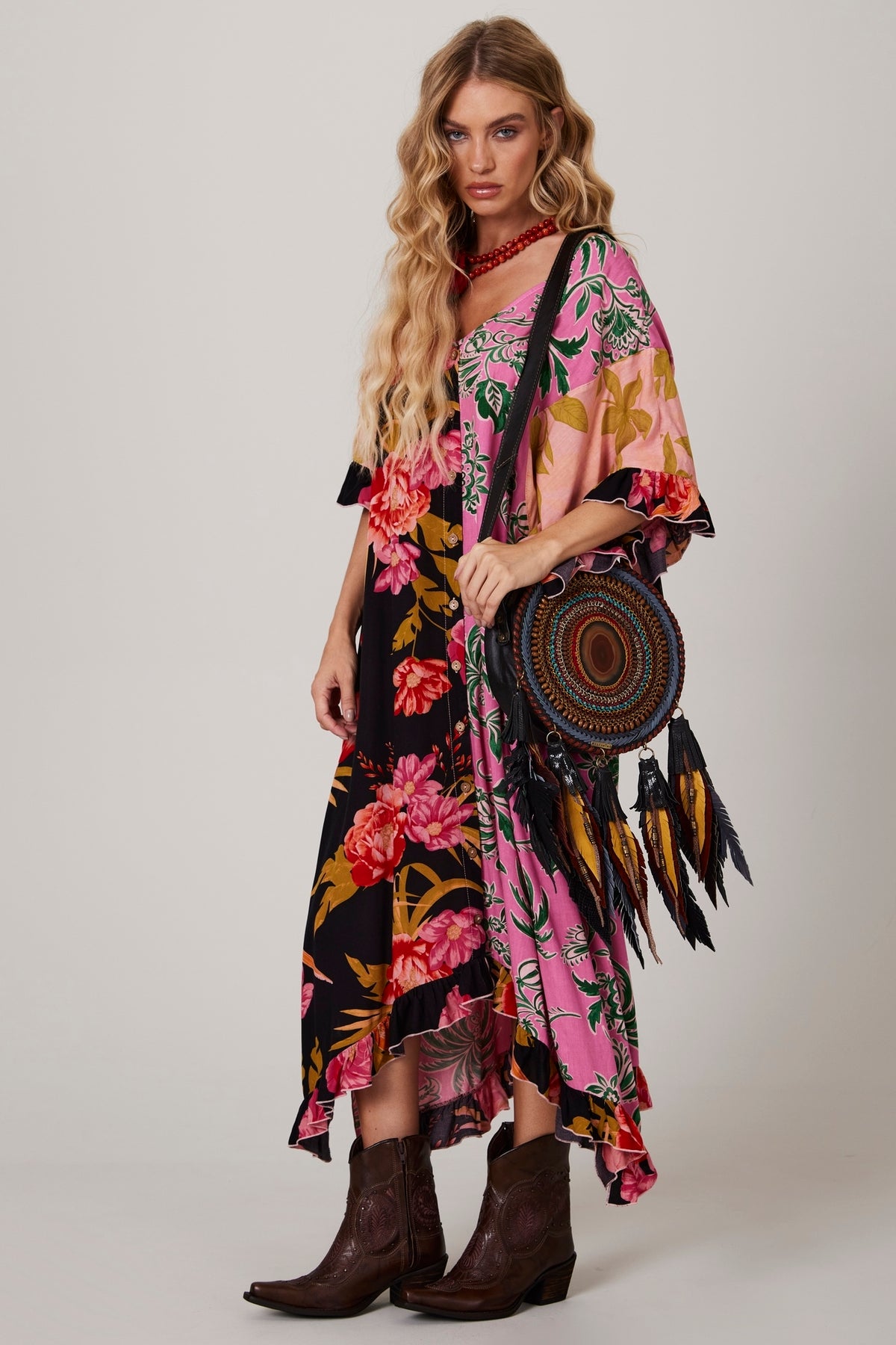 Yacamim J2 Loose Kaftan with Printed Rose Patchwork