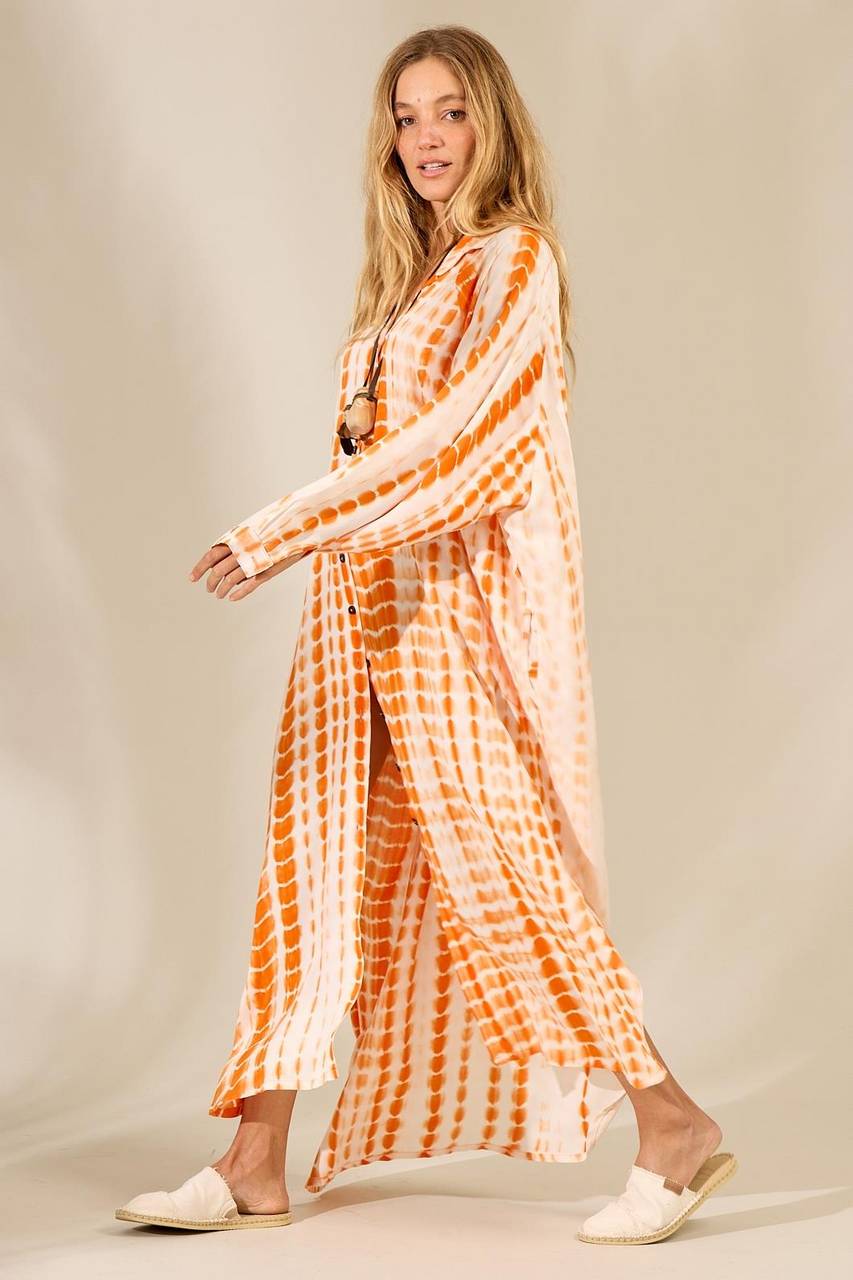 Yacamim Digital Tie Dye Print Long Orange Shirt