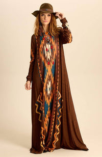 Long Brown Printed Yacamim Dress with Fitted Long Sleeves C18
