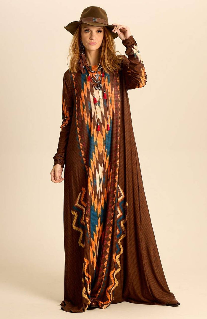 Long Brown Printed Yacamim Dress with Fitted Long Sleeves C18