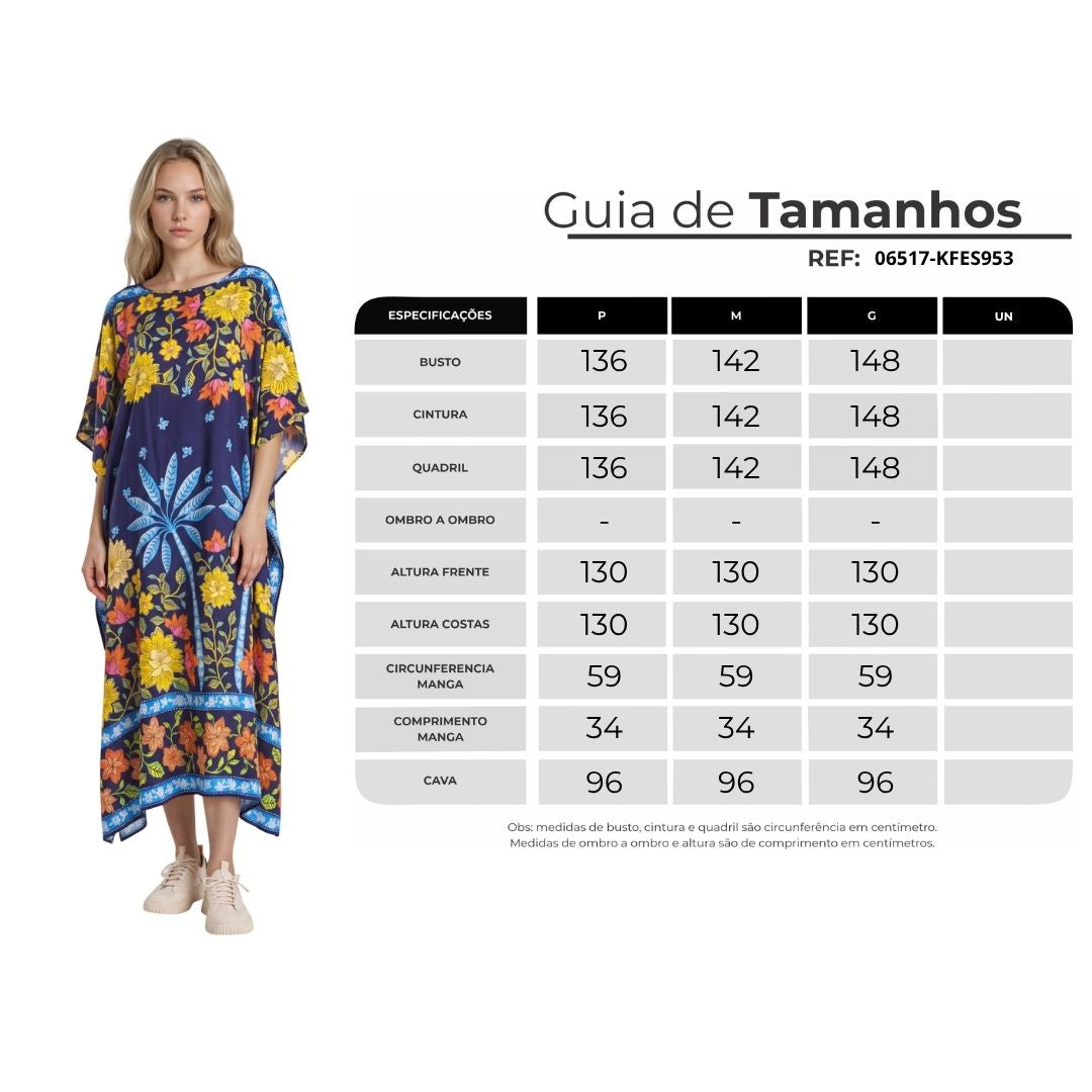 Kaftan Amplo Midi Decote Canoa Azul Marinho Estampado Yacamim J9