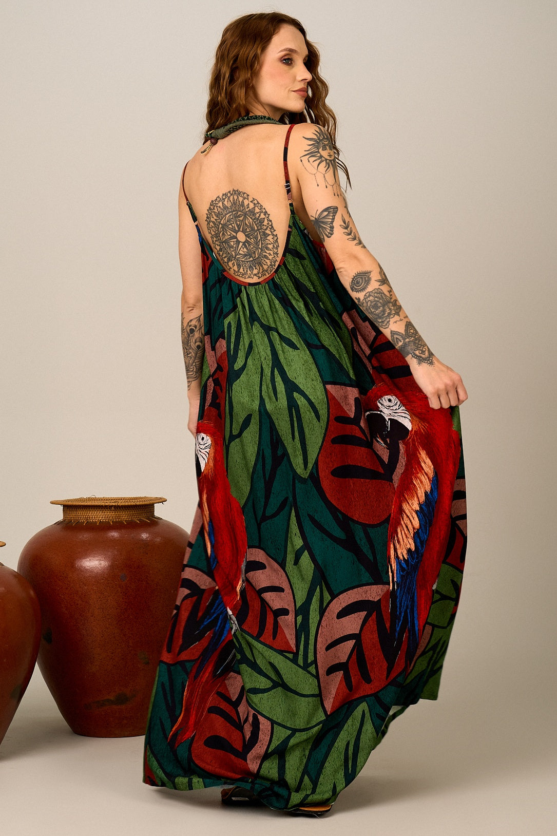 Yacamim Long Green Macaw Print Dress C2