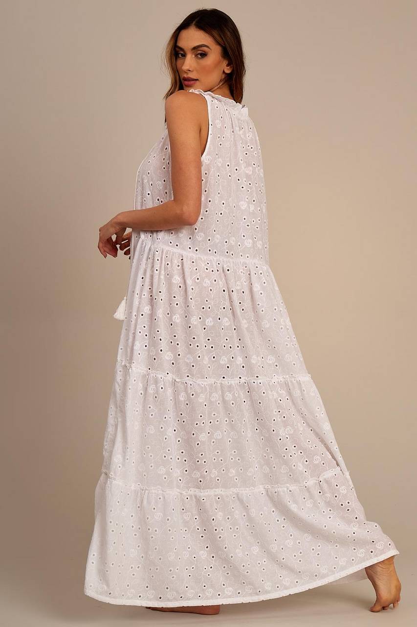 Yacamim D1 White Broderie Sleeveless Long Dress