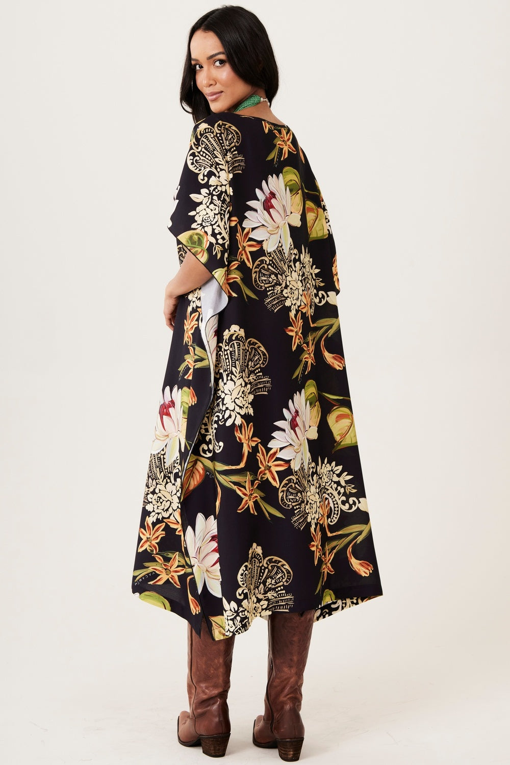 Black Loose Kaftan Floral Print Yacamim J7