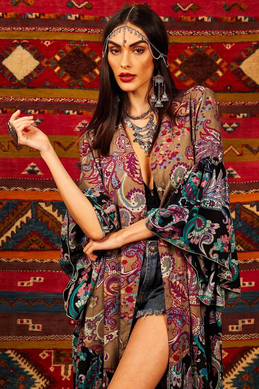 Long Kimono with 3/8 Wide Patchwork Print Sleeves Yacamim M6<br />