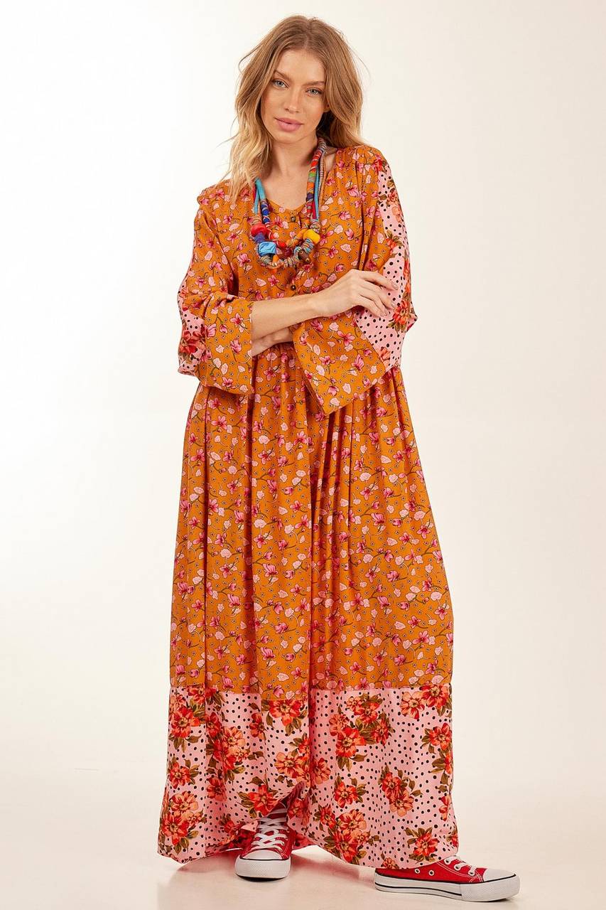 Yacamim Orange Patchwork Long-Sleeved Batwing Long Dress