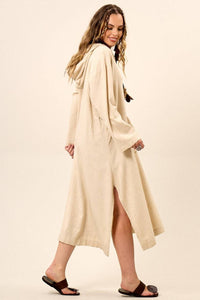 Yacamim Beige Viscose Linen Midi Dress with Long Sleeves and Hood