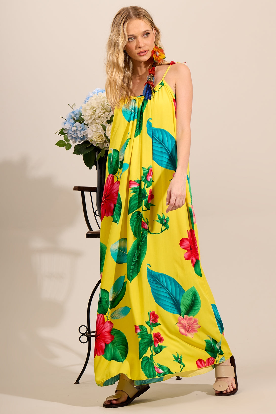 Yacamim C10 Yellow Printed Long Dress with Tie Straps