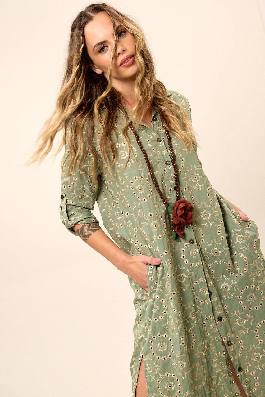 Yacamim Green Long Sleeve Embroidered Midi Shirtdress