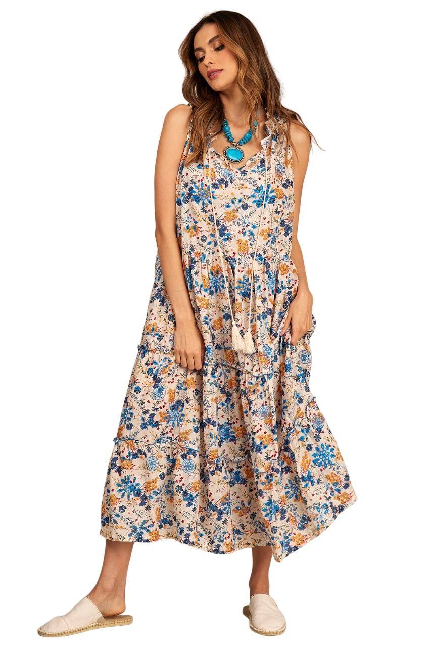 Yacamim Off-White Broderie Midi Dress with Print