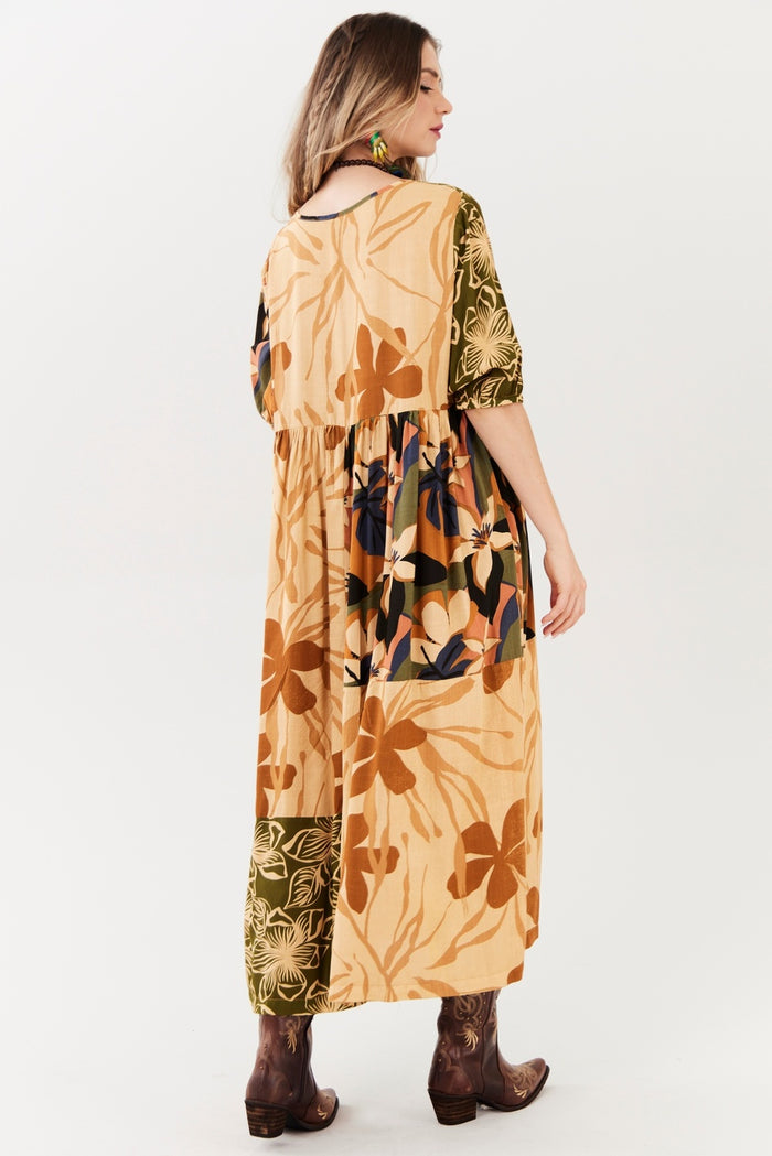 Light Brown Patchwork Midi Dress Yacamim C1