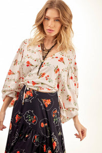 Yacamim Off-White Printed Long Puff Sleeve Wrap Cropped Top