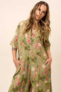 Yacamim O3 Green Printed Wide-Leg Jumpsuit