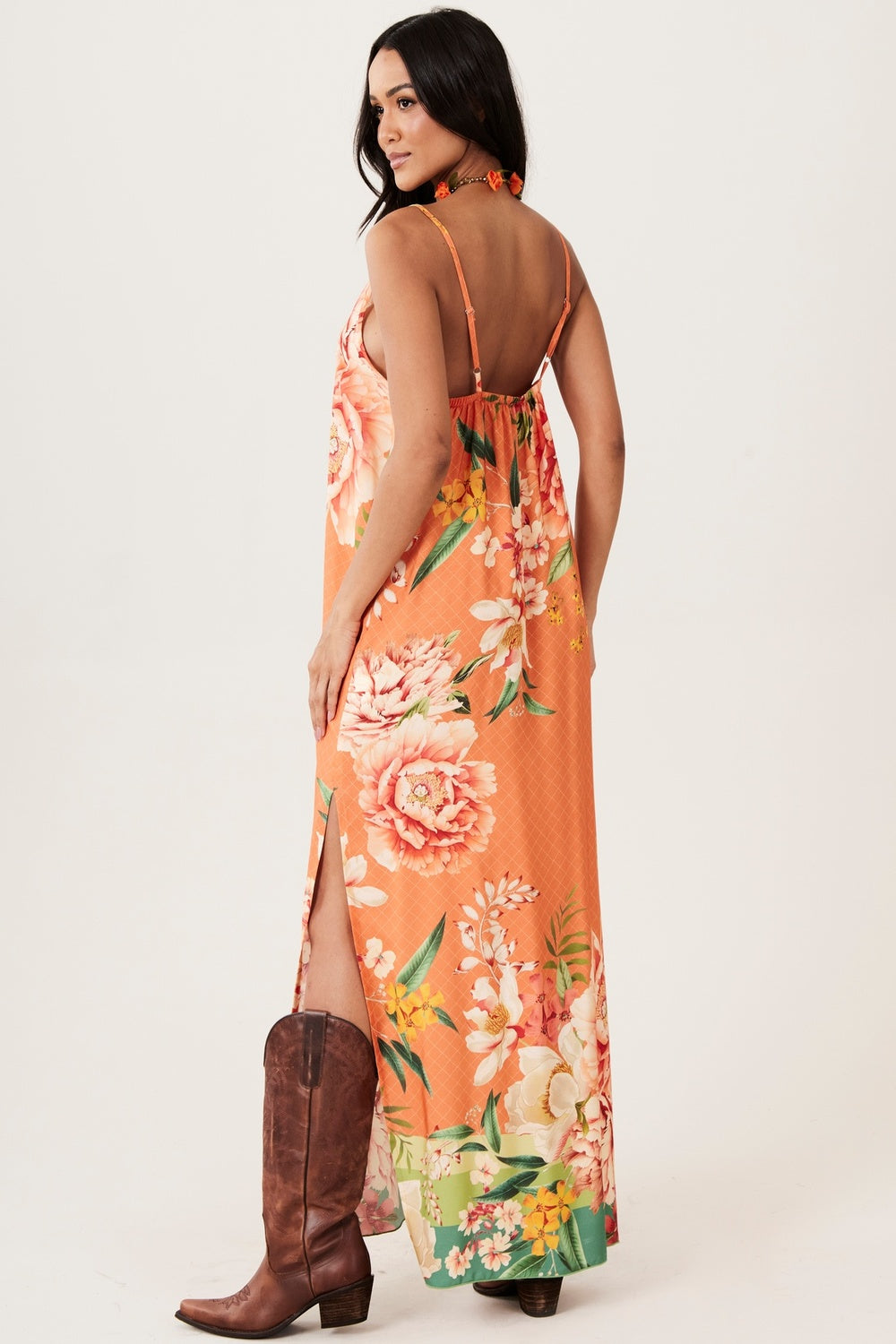 Yacamim D19 Orange Printed Long Dress with Adjustable Straps
