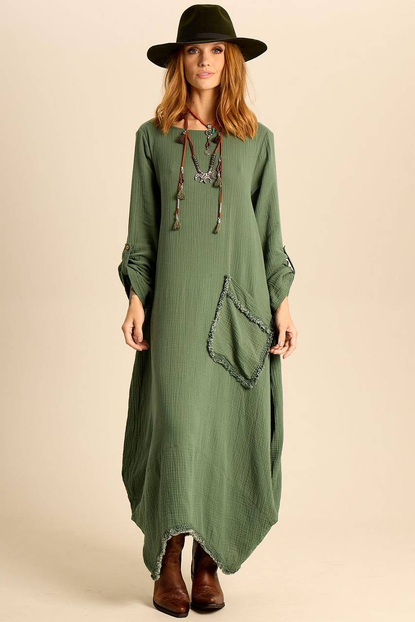 Yacamim Military Green Long Dress with Long Sleeves