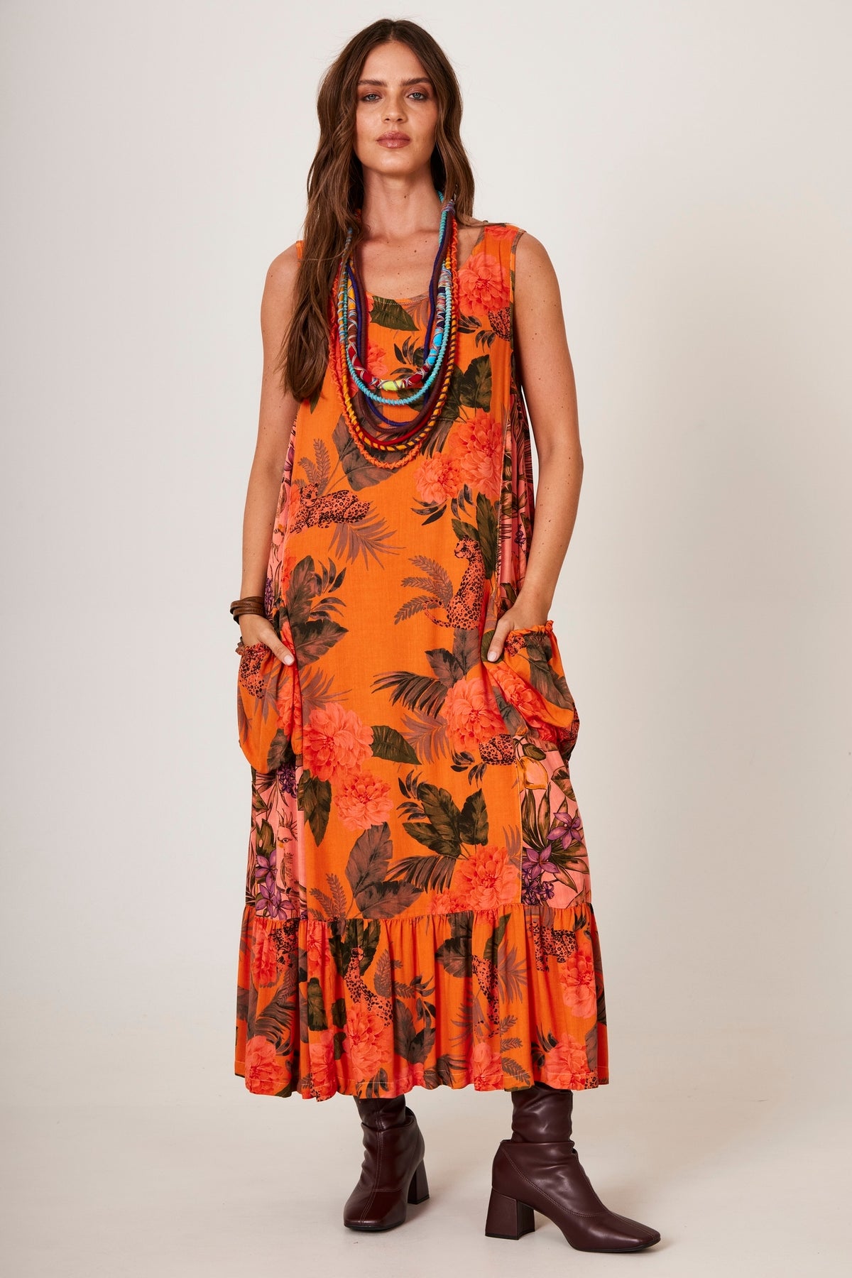 Yacamim D11 Orange Patchwork Sleeveless Midi Dress