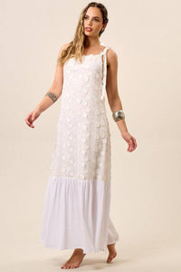 Yacamim White Long Dress with Tie Straps and Embroidered Flowers