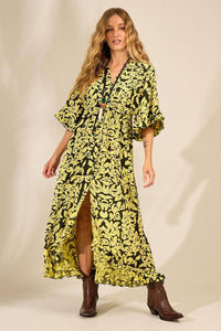 Yacamim C1 Printed Green Long Dress With 3/4 Wide Sleeves