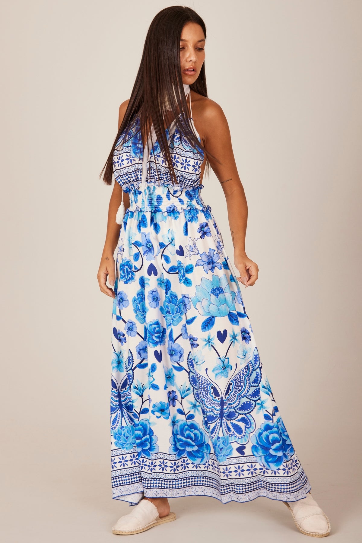 Yacamim D18 Printed Blue Halter Midi Dress