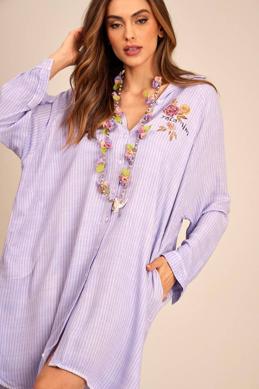 Yacamim Lilac Striped Oversized Shirt with Back Print