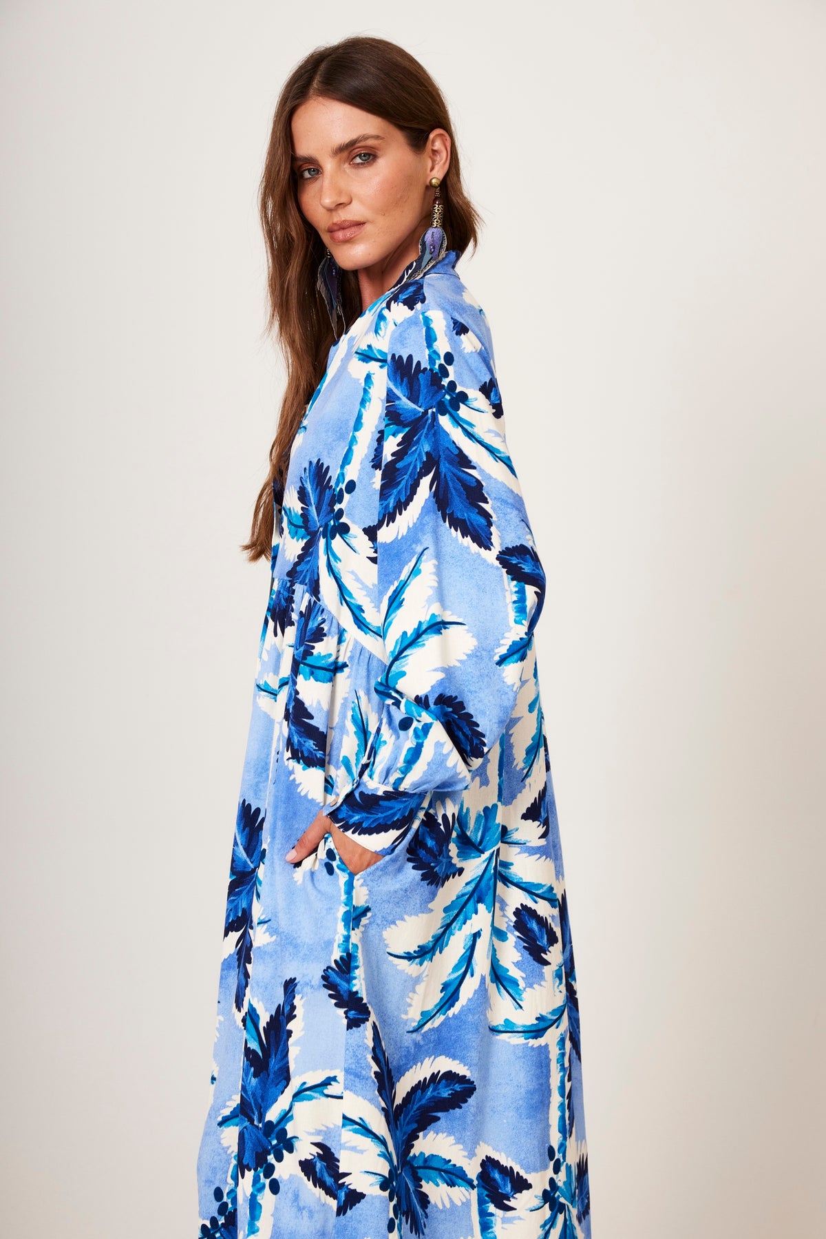 Yacamim P9 Blue Tropical Print Loose Midi Shirtdress