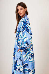 Yacamim P9 Blue Tropical Print Loose Midi Shirtdress