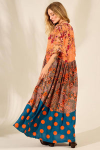 Yacamim Orange Patchwork Long Dress with Puffy Sleeves