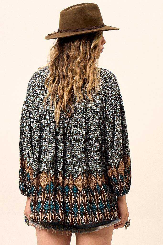 Yacamim Women's Black Printed Batwing Blouse with Puffed Long Sleeves B12