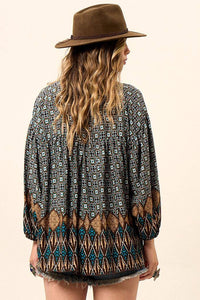 Yacamim Women's Black Printed Batwing Blouse with Puffed Long Sleeves B12