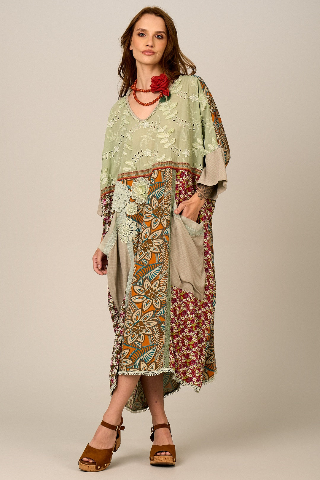 Yacamim Women's Patchwork Print Midi Kaftan J9
