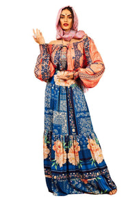 Yacamim G2 Blue Printed High-Waisted Long Skirt