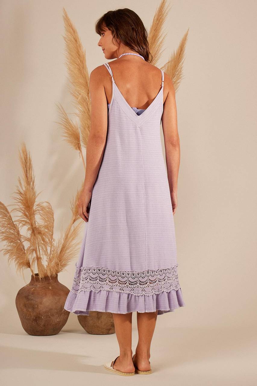 Lilac Yacamim D4 Midi Dress with Straps and Lace Hem