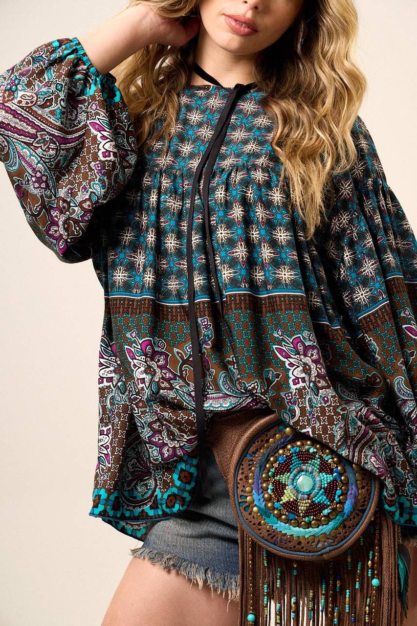 Yacamim Loose Robe with Long Billowy Sleeves and Cashmere Print B2